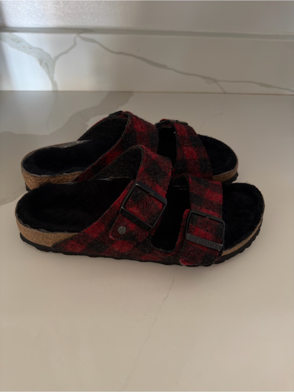 Red Plaid Two-Strap Slide Sandals